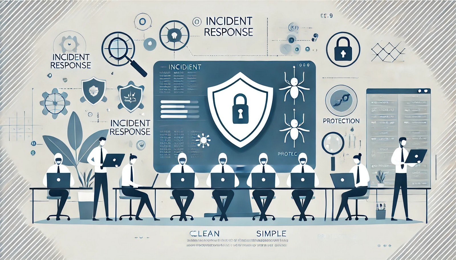 Illustration of a cybersecurity team analyzing data on a digital dashboard with a protective shield icon, symbolizing incident response. Abstract and minimalistic design with a modern technology theme.