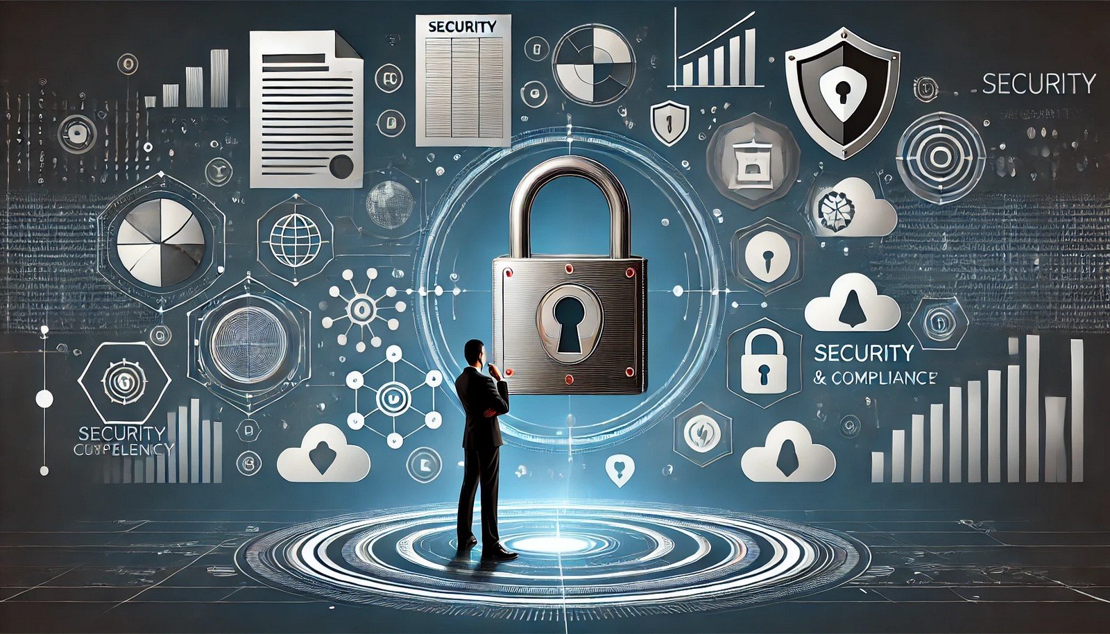 A professional inspecting a large digital lock surrounded by floating icons of documents, graphs, and shields, symbolizing cybersecurity measures and compliance, depicted in a minimalist and futuristic style.