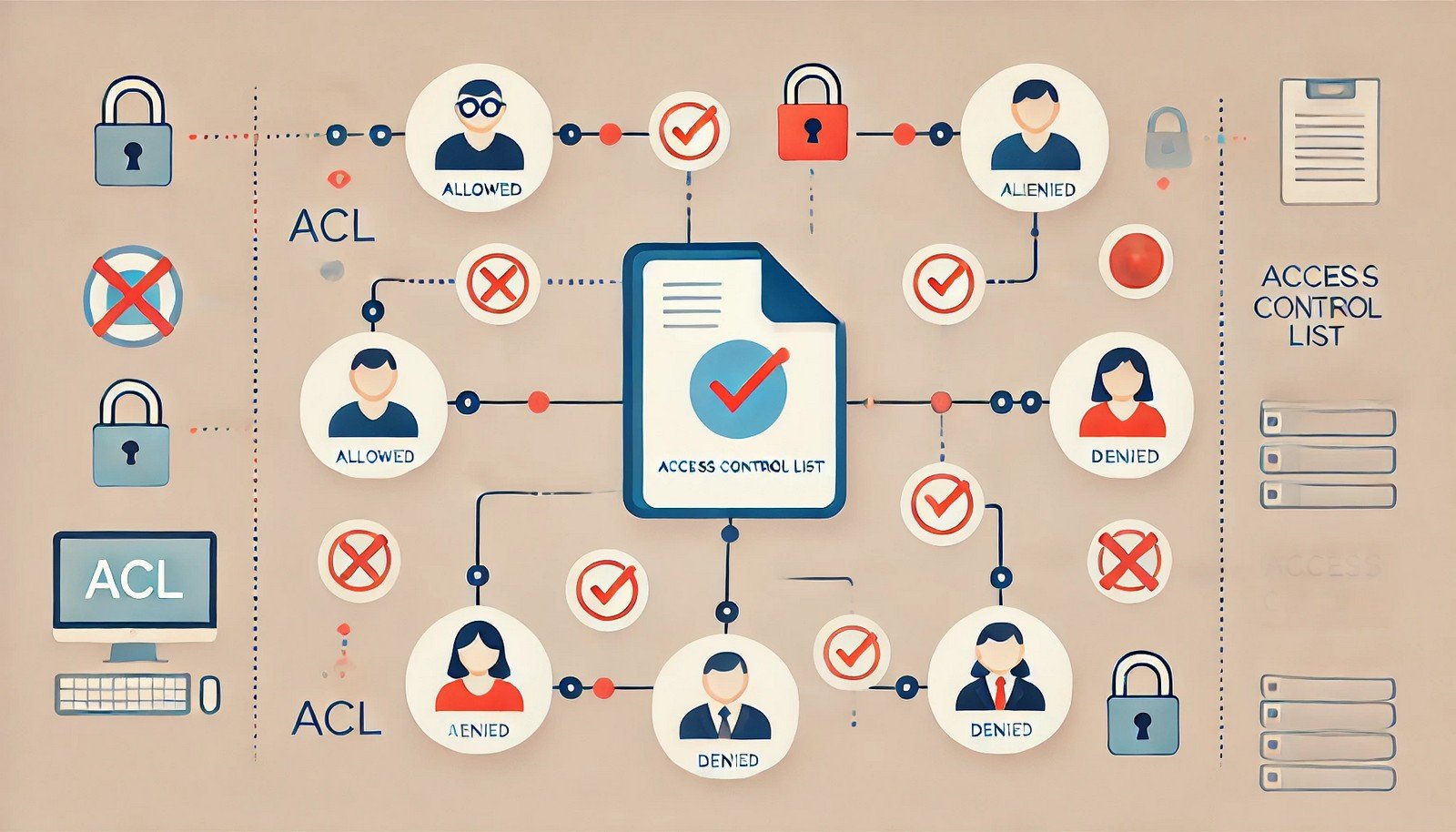 A minimalist illustration showing a central file icon connected to user icons with visual indicators, including checkmarks for granted permissions and red crosses for denied access, symbolizing an Access Control List.