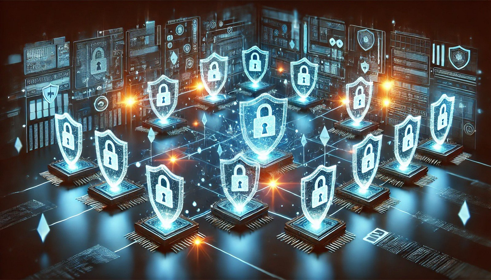 A vibrant depiction of a firewall configuration in network security, showing glowing digital barriers protecting streams of data, symbolizing secure and safe data interaction without text elements.