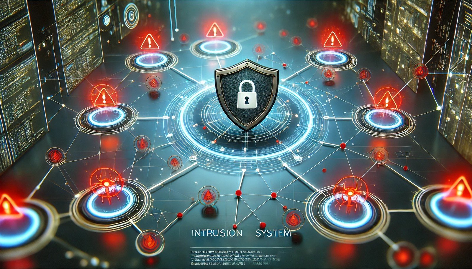 A futuristic depiction of a network monitored by a glowing shield, scanning interconnected nodes for threats represented by red warning icons, symbolizing an Intrusion Detection System in action.