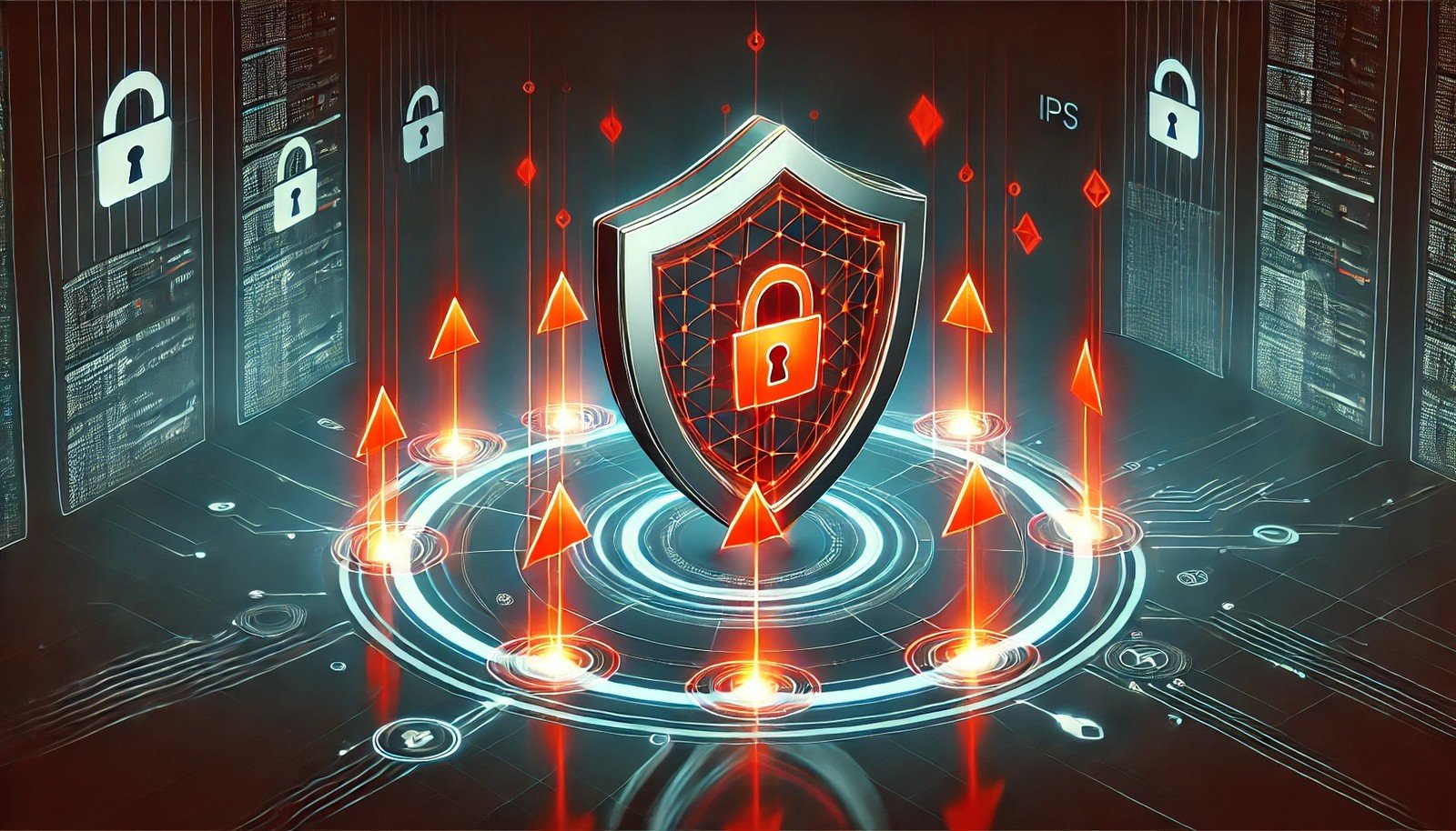 Futuristic illustration of an Intrusion Prevention System showing a digital shield blocking red arrows symbolizing cyber threats, set in a glowing network environment with cybersecurity elements.