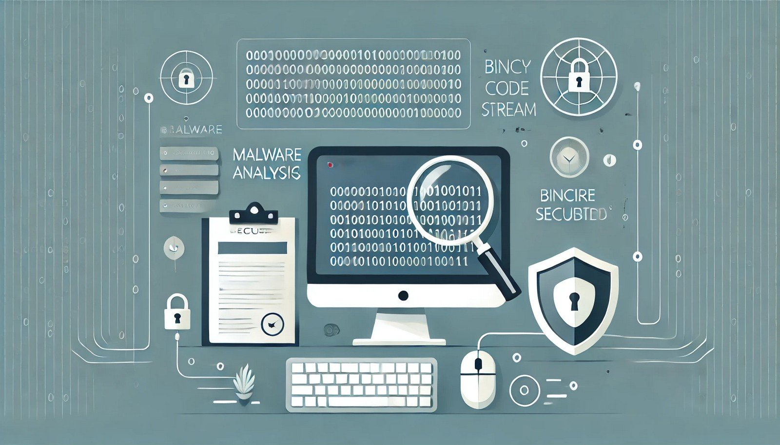 A minimalistic illustration of malware analysis featuring a computer system under magnifying glasses, examining binary code streams with subtle shield icons, highlighting cybersecurity in a clean, professional design.