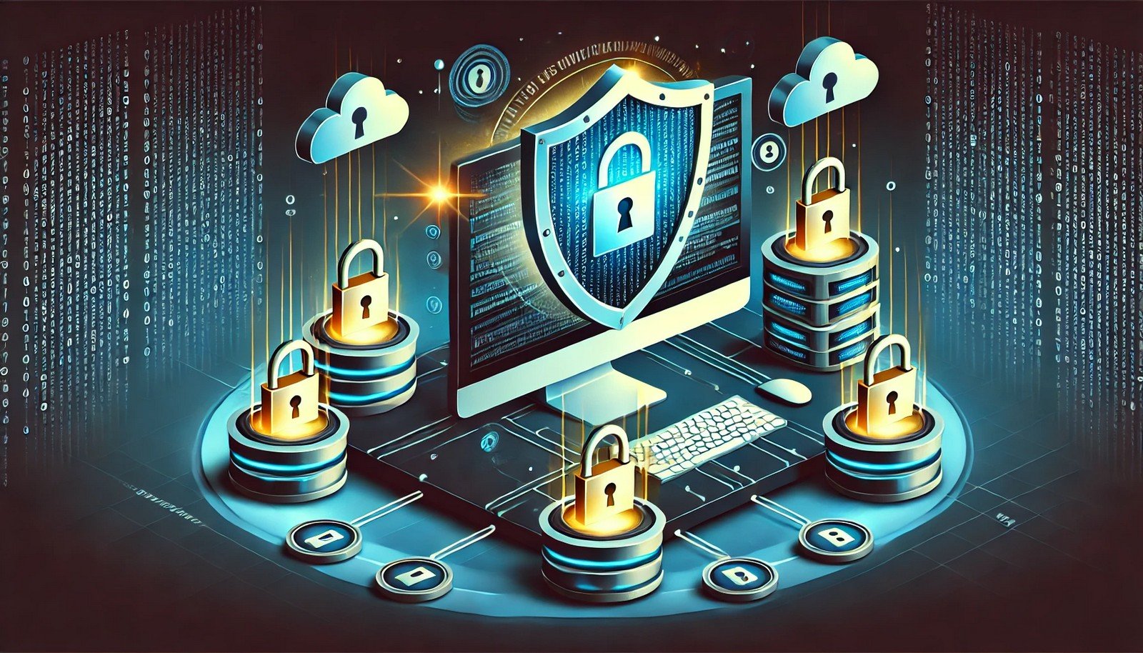 A futuristic depiction of ransomware prevention featuring a computer surrounded by a glowing shield, layered locks, a firewall, and backup clouds symbolizing robust digital security measures.