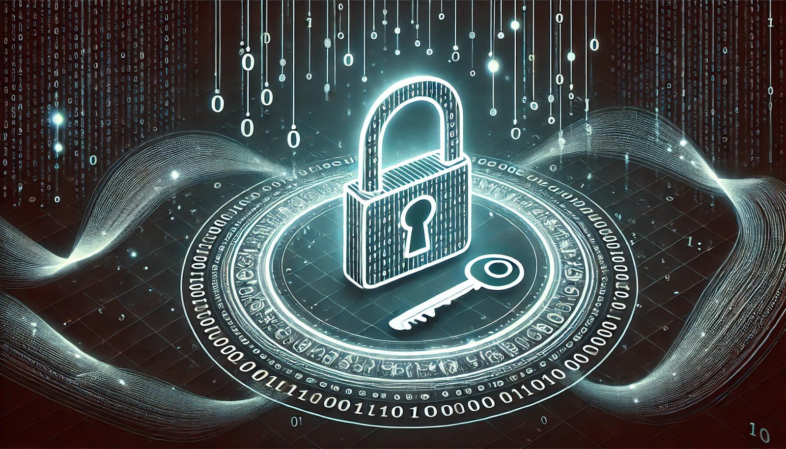 A glowing padlock and key surrounded by flowing binary code and digital encryption patterns, symbolizing cryptography on a dark, futuristic background.