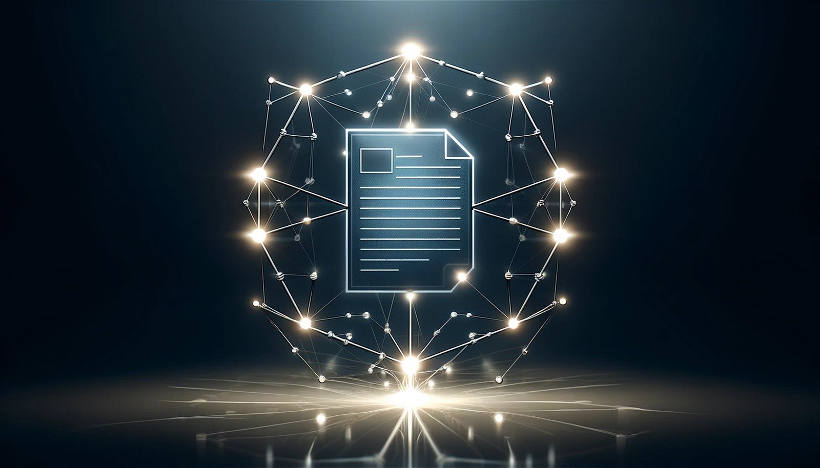 A minimalistic blockchain network illustration with glowing interconnected nodes and a central luminous digital contract, symbolizing automation, transparency, and innovation. The design evokes trust and technological sophistication.