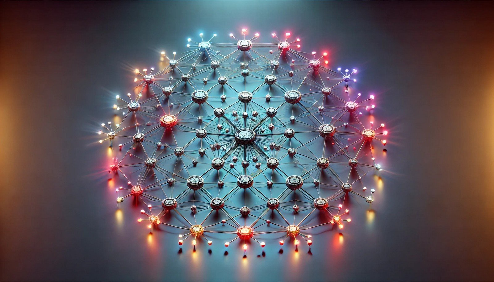  A sleek illustration of a decentralized network with interconnected nodes in a symmetrical web, showcasing vibrant connections and no central hub, symbolizing peer-to-peer collaboration.