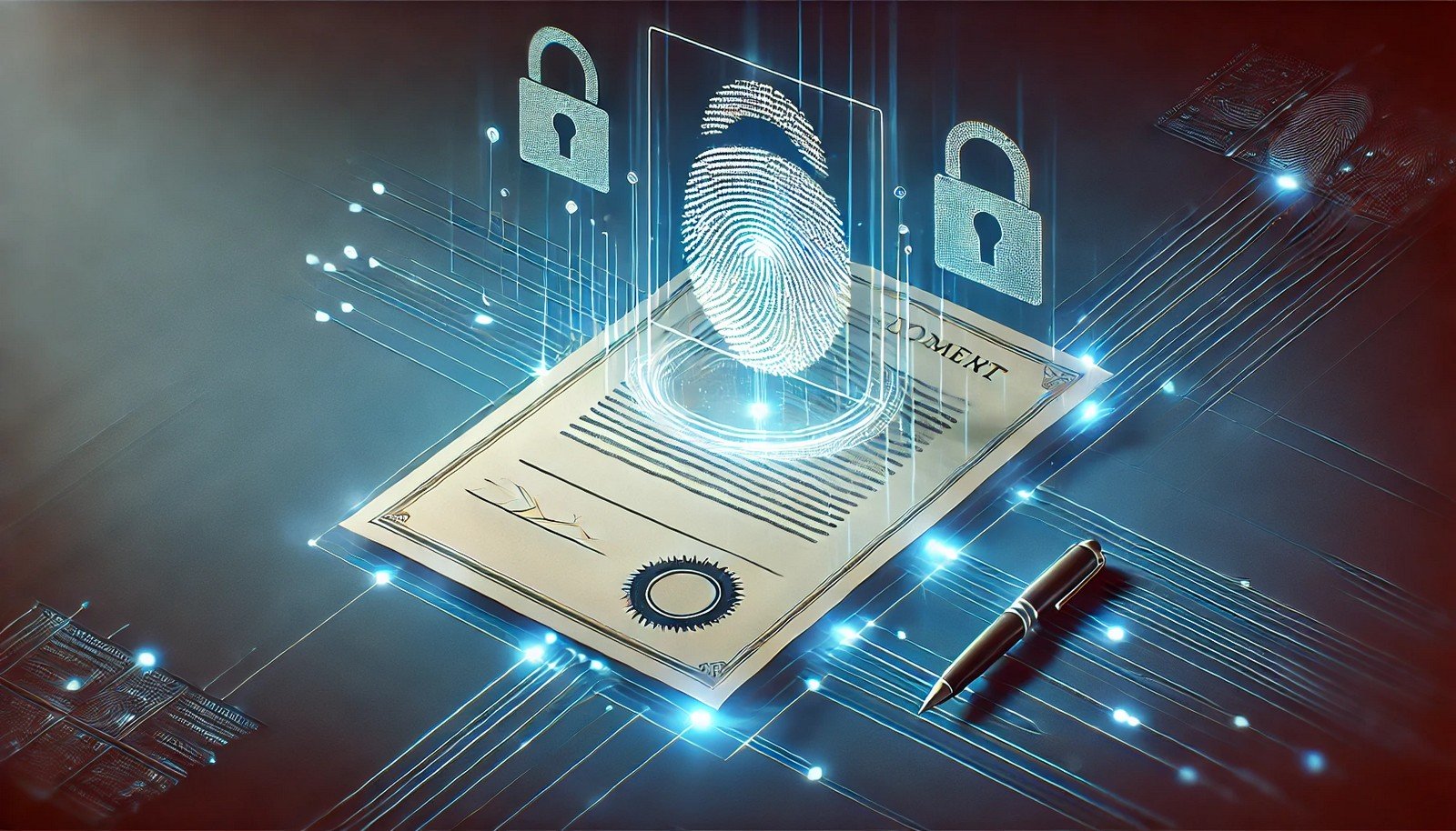 A digital illustration showcasing a document with a glowing padlock and fingerprint icon, symbolizing security and authenticity. The background features a futuristic, minimalistic high-tech design.