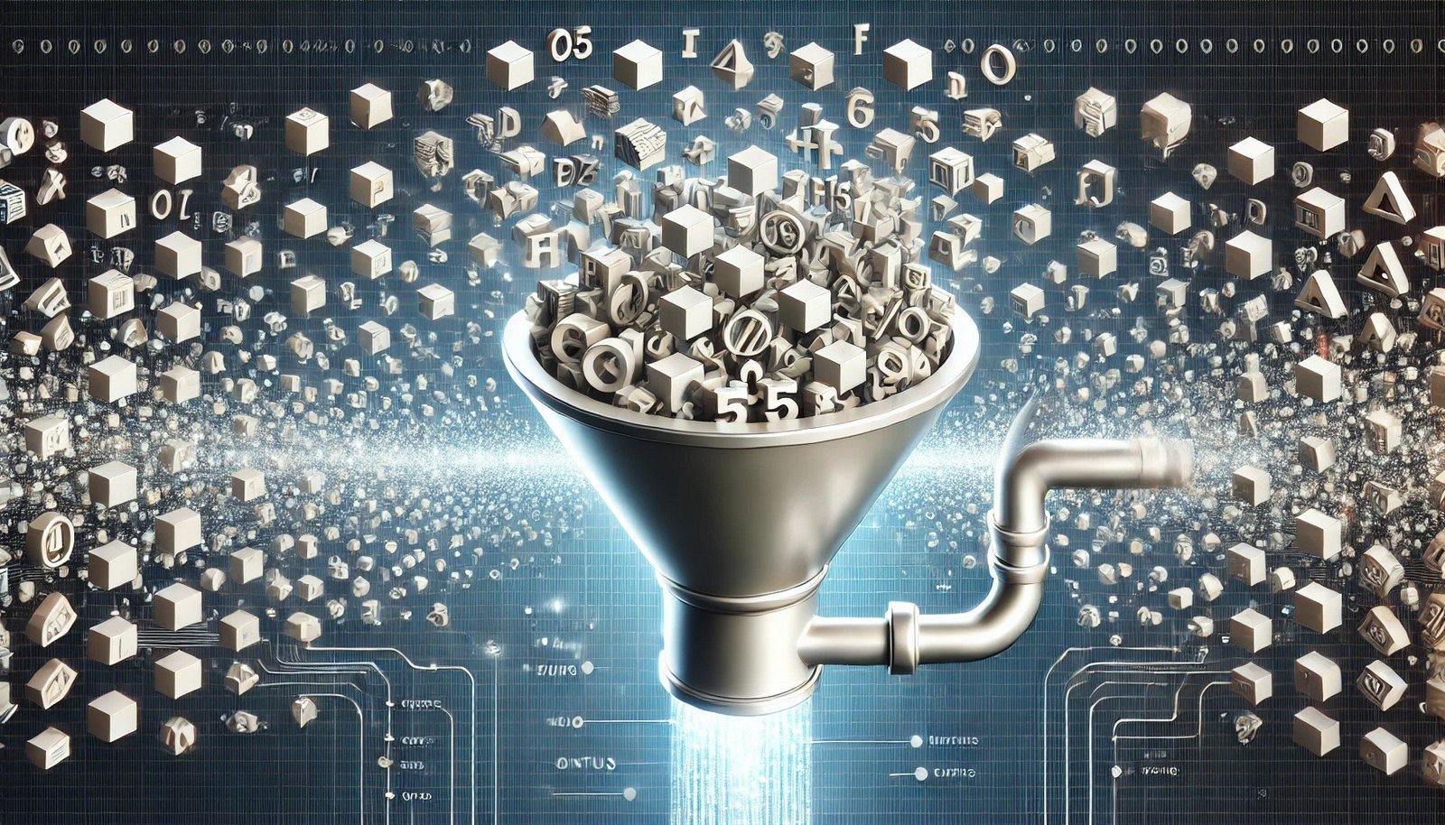 Abstract illustration of a hash function, showing varied input data flowing into a funnel and transforming into uniform, glowing output blocks, with a digital-themed background of circuit-like patterns.