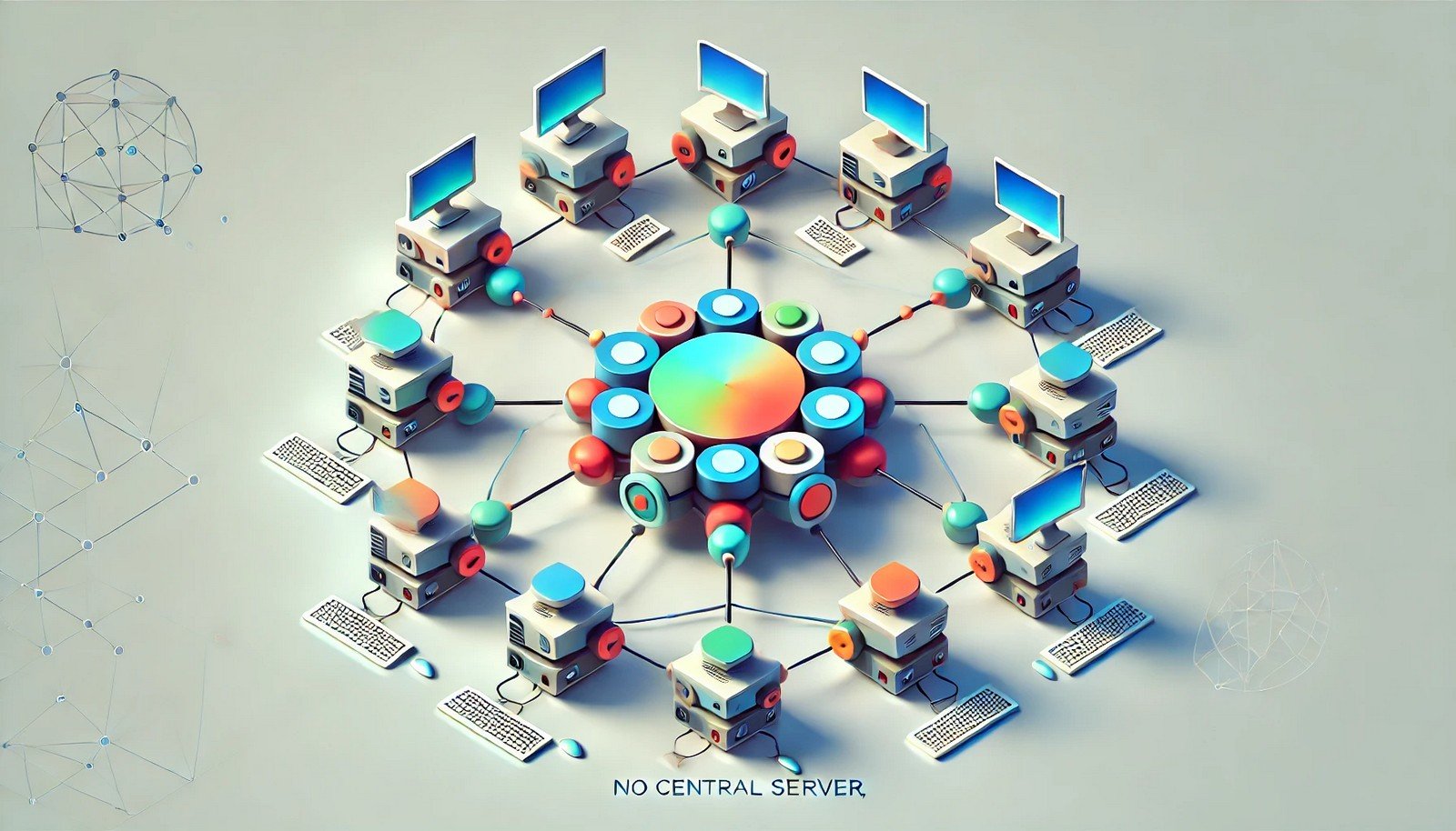 Interconnected nodes forming a decentralized Peer-to-Peer (P2P) network, symbolizing computers sharing data directly without a central server. Minimalist geometric design with vibrant colors and no text elements.