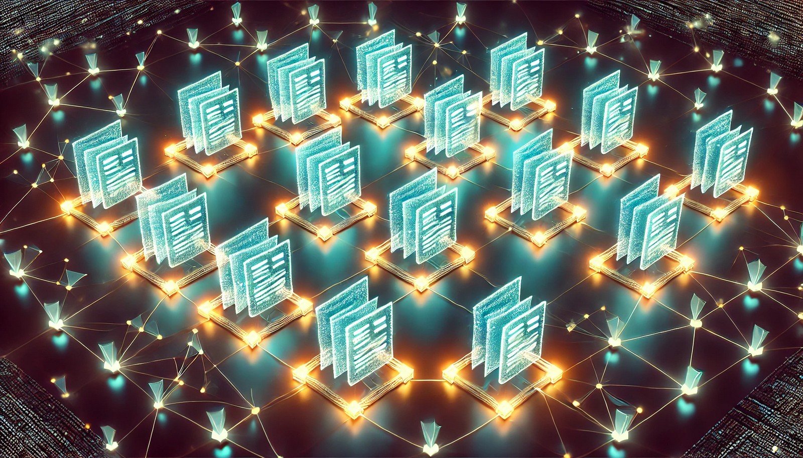 A vibrant digital illustration of a distributed ledger with glowing interconnected nodes, each containing identical glowing documents, representing synchronized data sharing. The dark background highlights the network's decentralization.