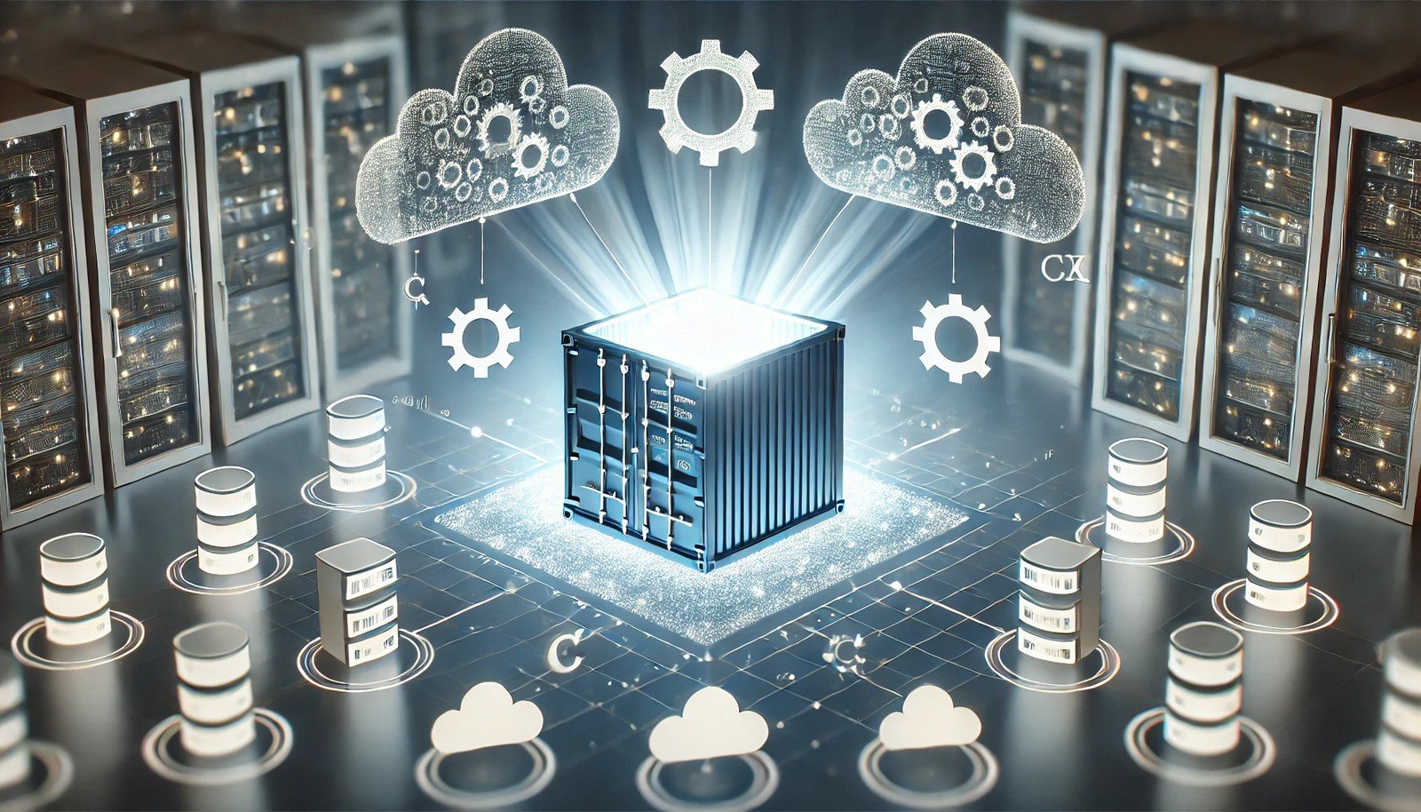 Glowing container box emitting light with gears and code icons inside, surrounded by interconnected clouds and servers, representing containerization technology with portability and scalability in a futuristic design.