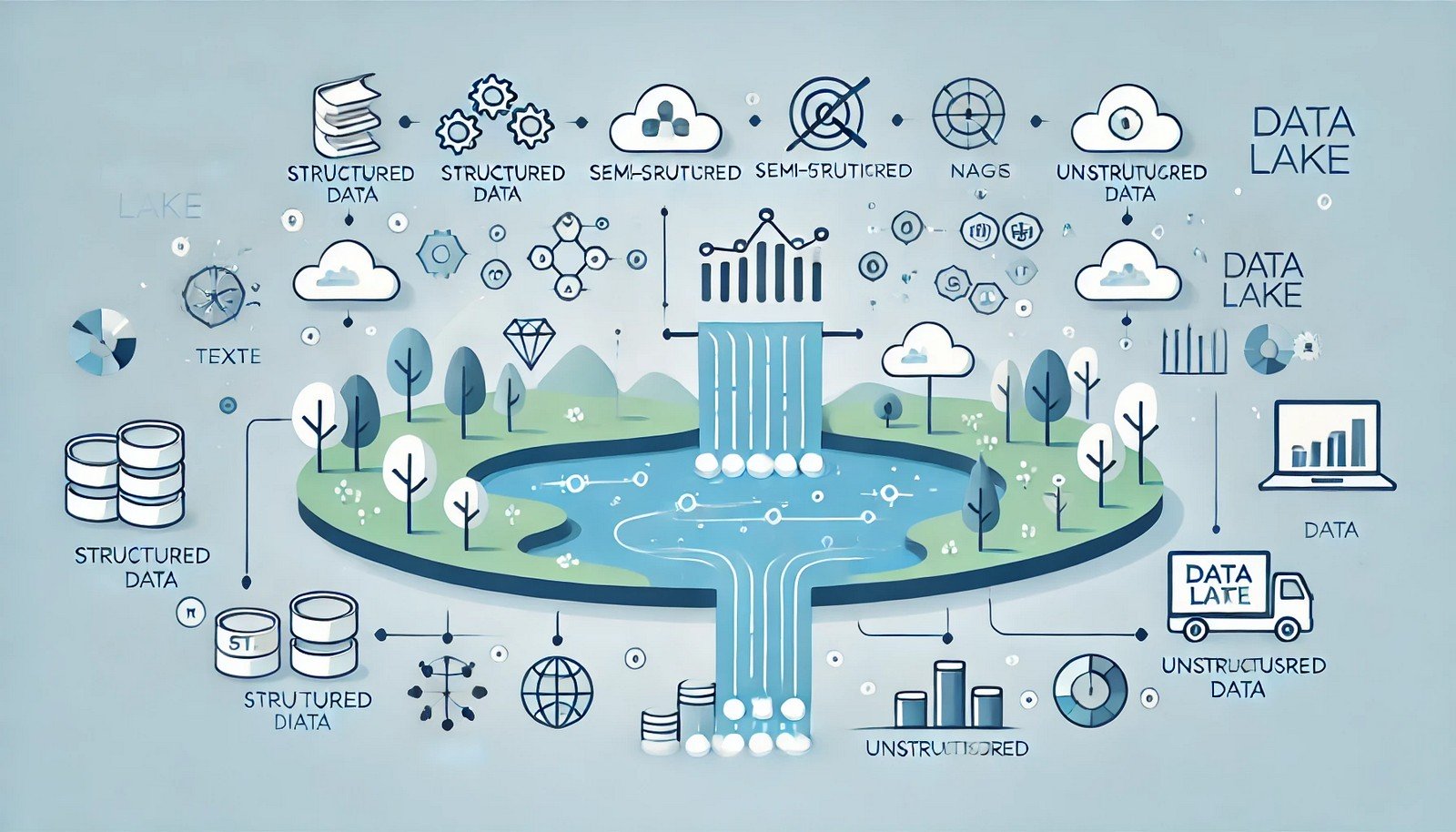 A serene lake surrounded by streams representing various data types like text, images, and videos, symbolizing data flow into the lake. Connected analytics tools highlight its use in processing.