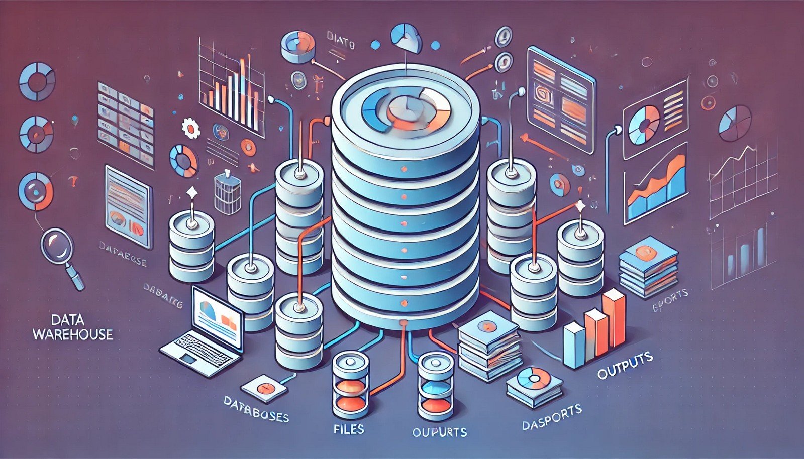 An illustration of a data warehouse as a central storage unit with inputs from databases, files, and applications, producing outputs like graphs and dashboards, symbolizing structured data flow.