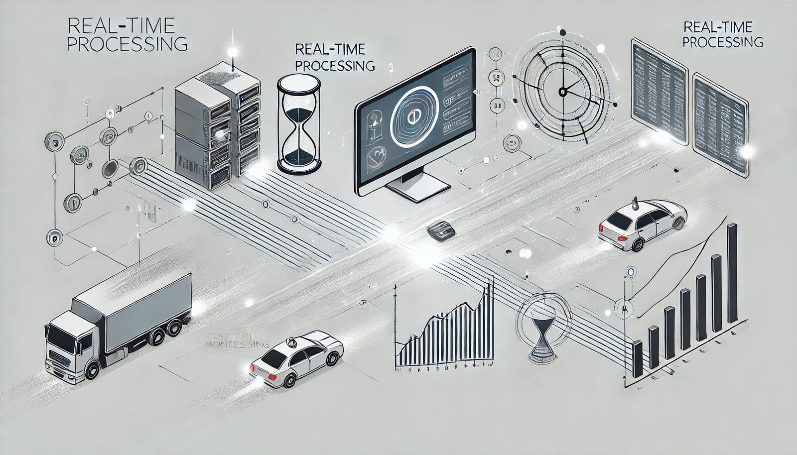 A futuristic visualization of real-time processing, featuring interconnected systems like a computer, traffic control hub, and stock trading platform, linked by dynamic data streams to show instantaneous processing.