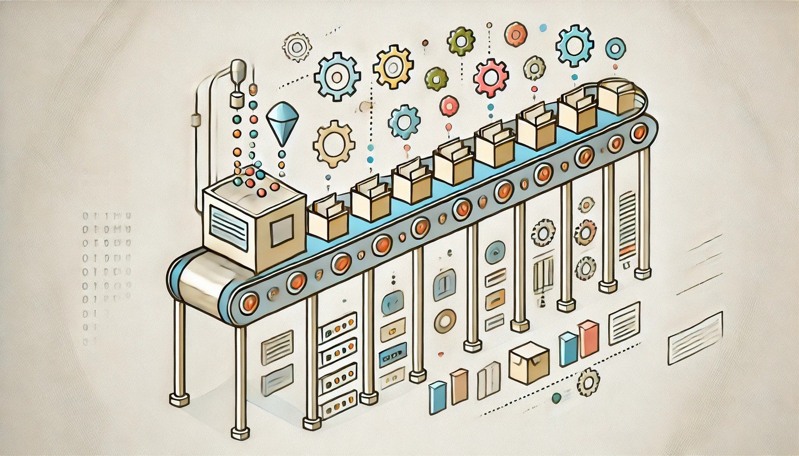 A visual representation of batch processing featuring a conveyor belt system moving grouped colorful data packets through distinct processing stages, symbolizing efficiency and automation in a clean, modern style.