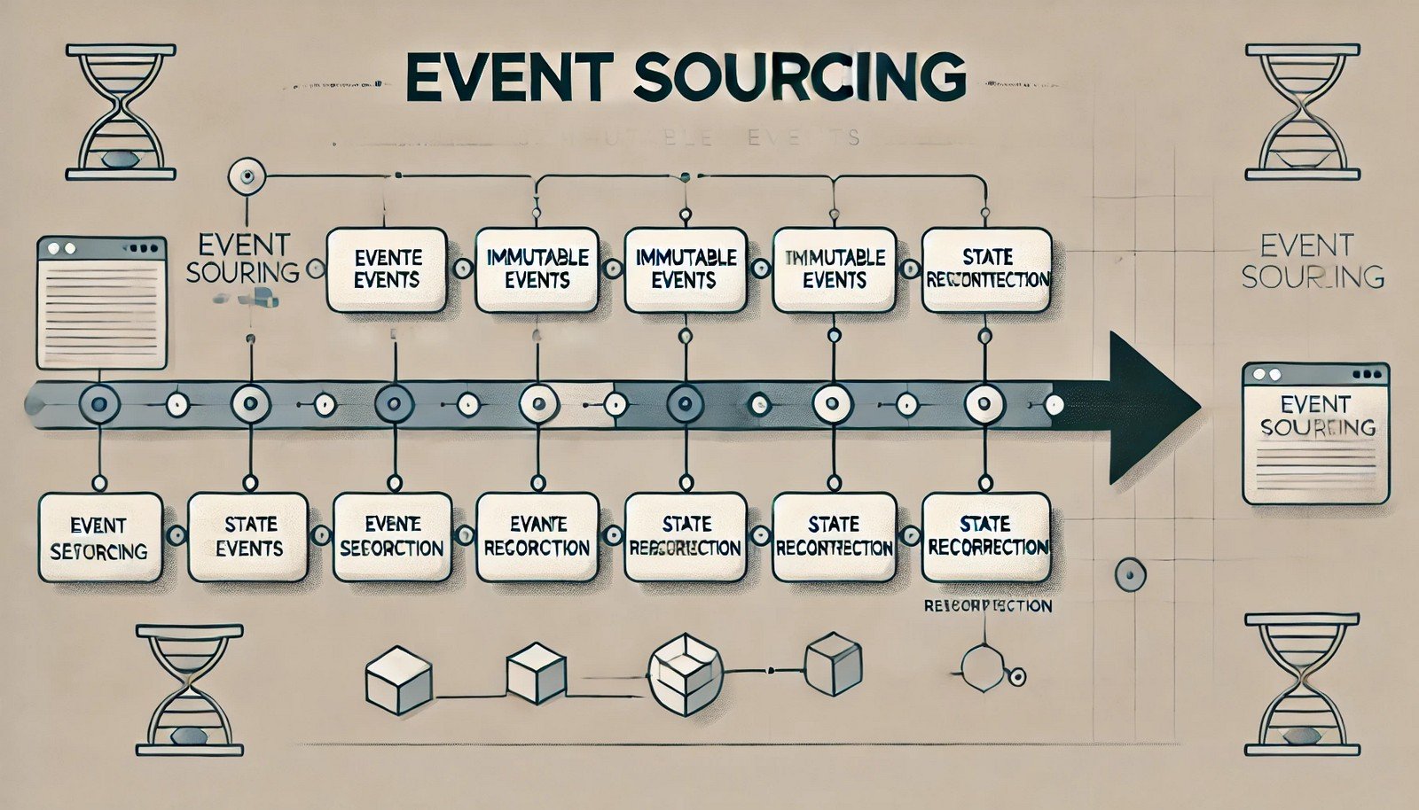 A minimalistic illustration depicting Event Sourcing with a sequence of labeled boxes representing immutable events on a timeline, connected by an arrow signifying state reconstruction, in a clean and neutral design.