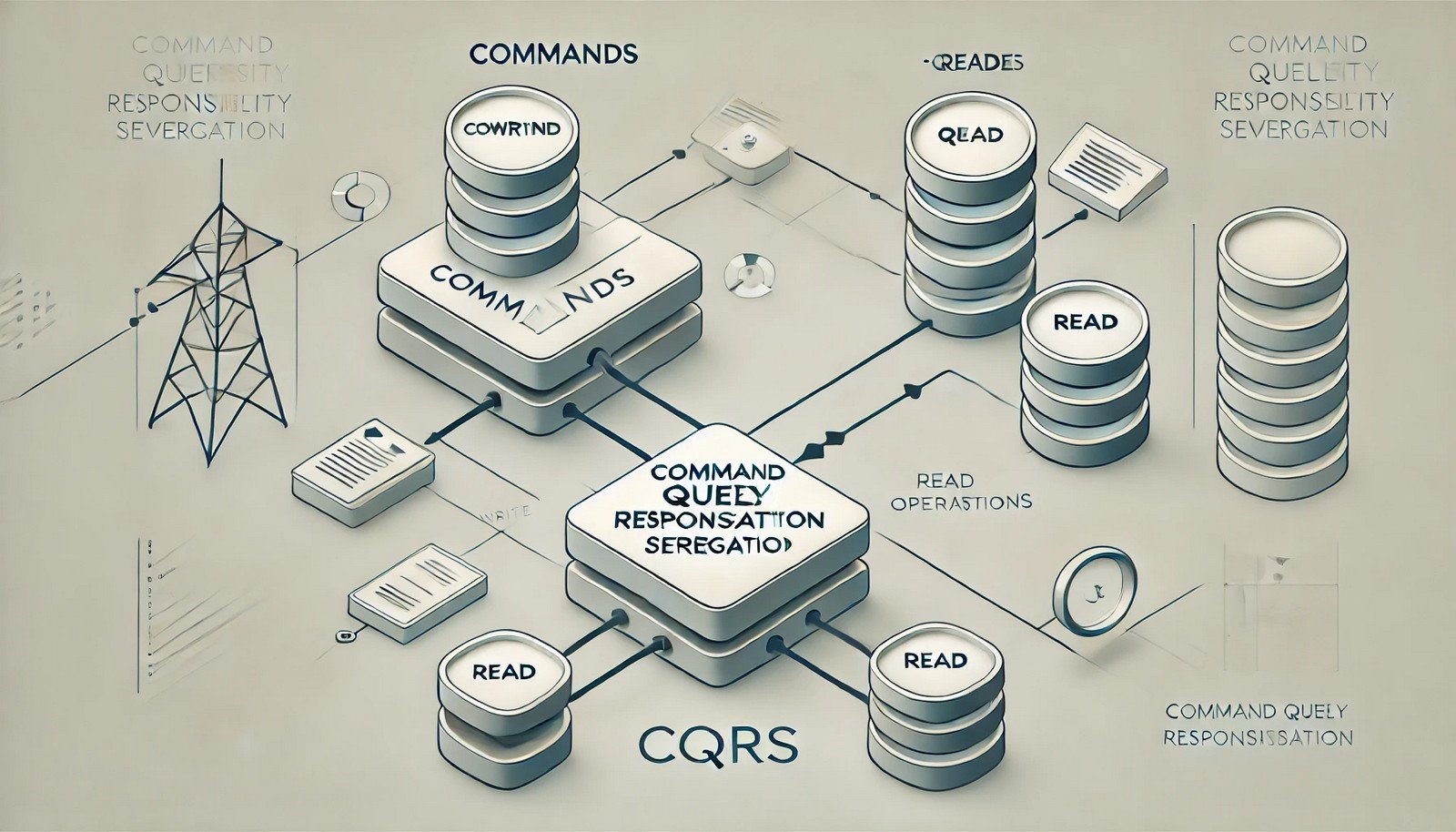 An abstract depiction of the CQRS concept, showcasing two distinct workflows with arrows for write and read operations, each connecting to separate systems, highlighting their functional separation.