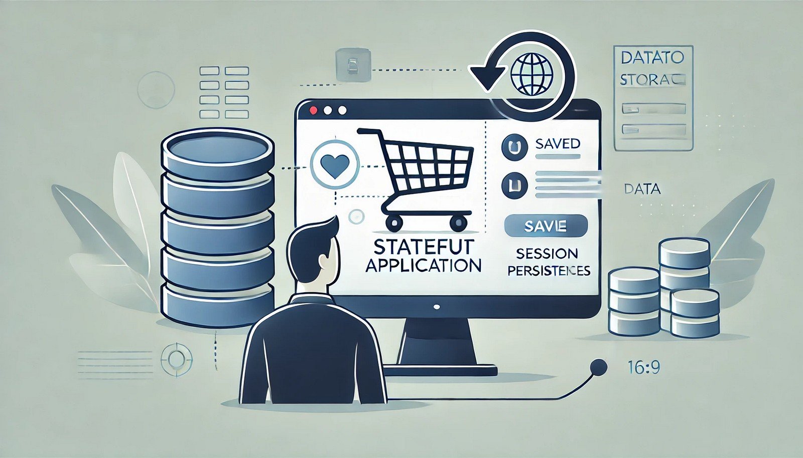 A visually clean illustration of a stateful application showing a computer screen with a shopping cart containing items, an arrow looping back to the user, and minimalist database icons in the background.