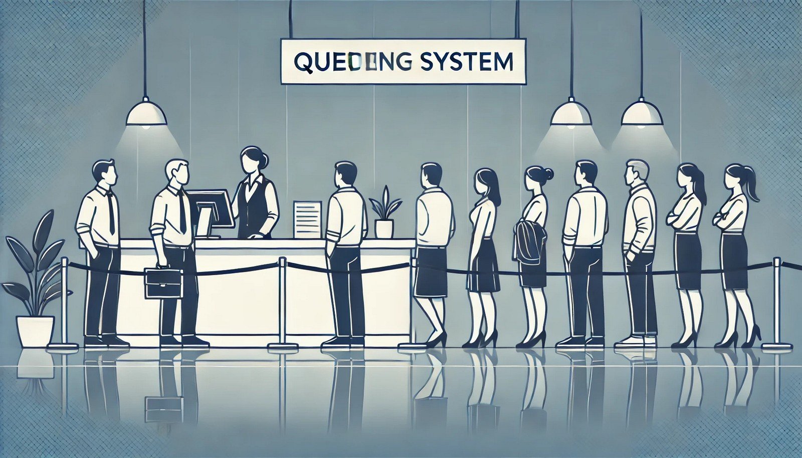 A clean digital illustration showing a queueing system with a line of people waiting at a service counter, some being served while others wait, highlighting efficiency and organization in the scene.