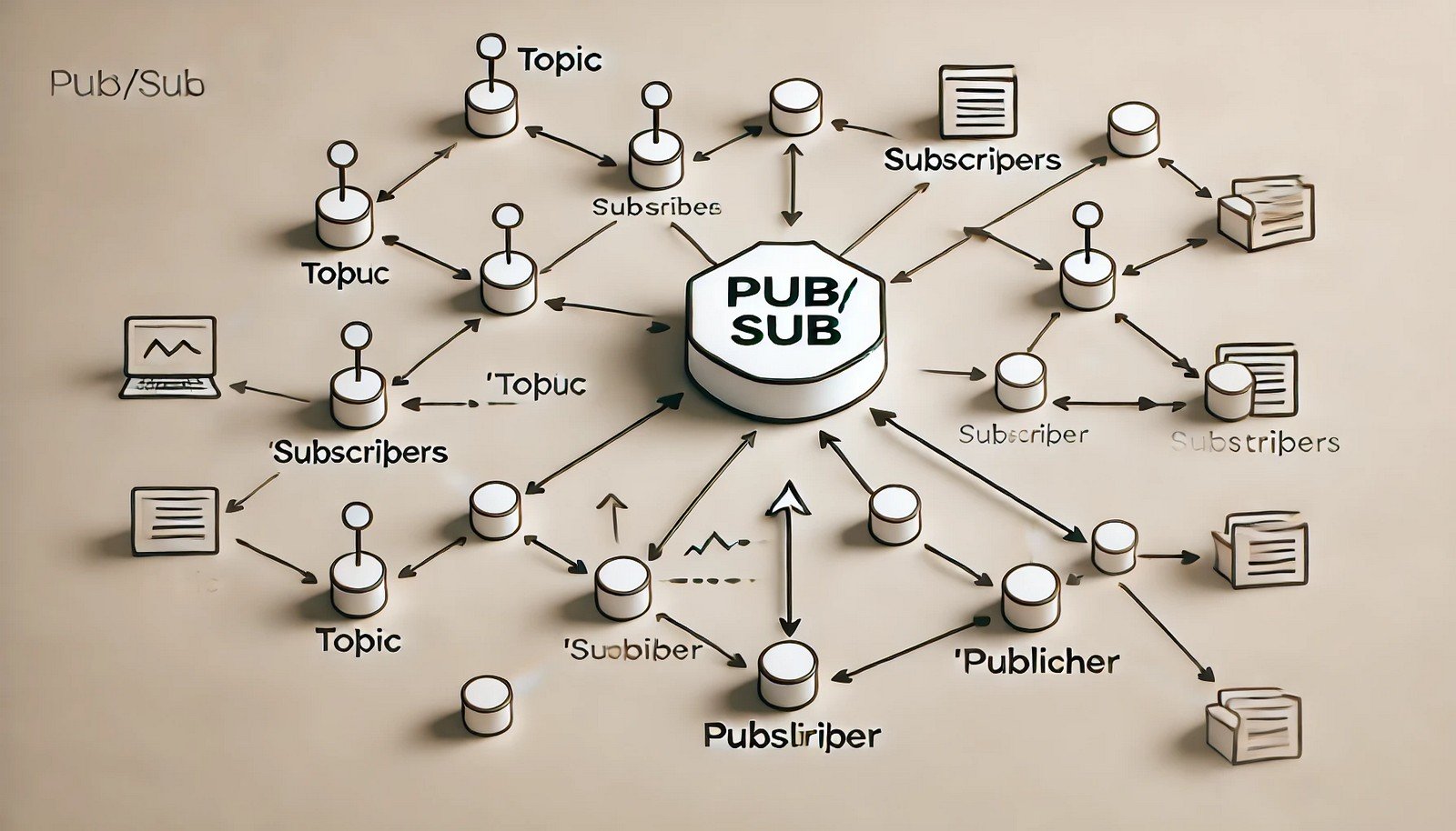 A minimalist illustration showing a Pub/Sub model with a central node connected to multiple smaller nodes via arrows, representing communication between publishers and subscribers in a distributed system.