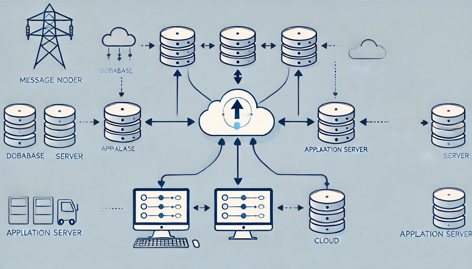 A minimalistic illustration of a message broker as a central node connecting a database, an application server, and a cloud with bidirectional arrows, symbolizing seamless message flow.