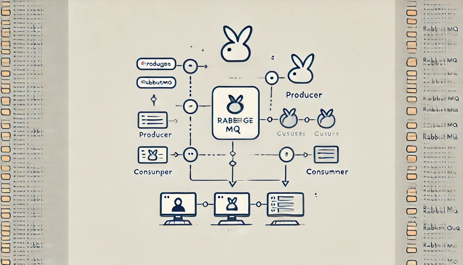 A clean digital illustration of RabbitMQ's message queue system, showing a producer sending messages to a central queue and multiple consumers retrieving them asynchronously, connected with arrows and minimalistic icons.