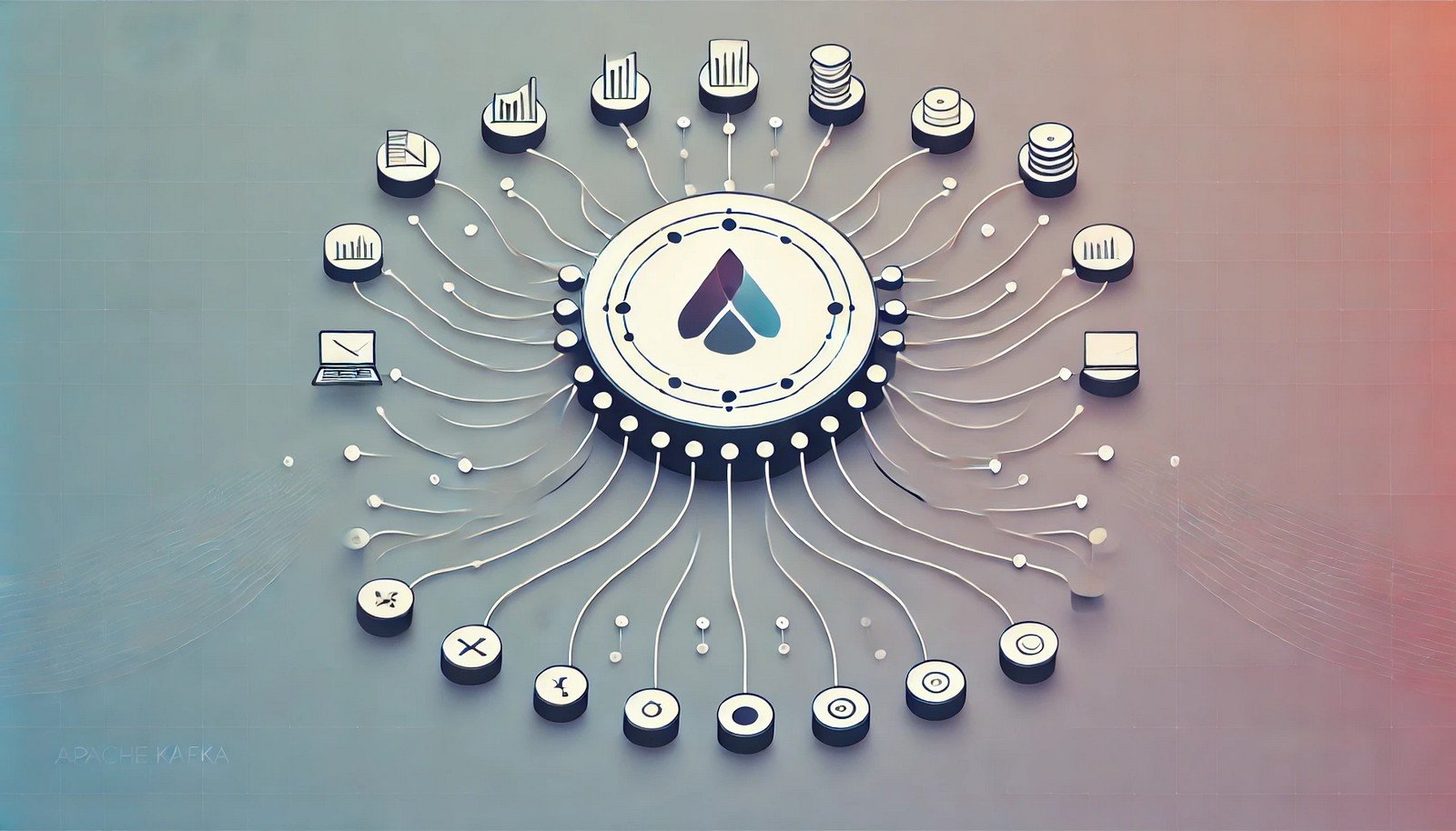 A central circular hub symbolizes Apache Kafka, with interconnected data streams as flowing lines reaching various endpoints. The illustration uses a clean, futuristic design with a tech-inspired gradient background.