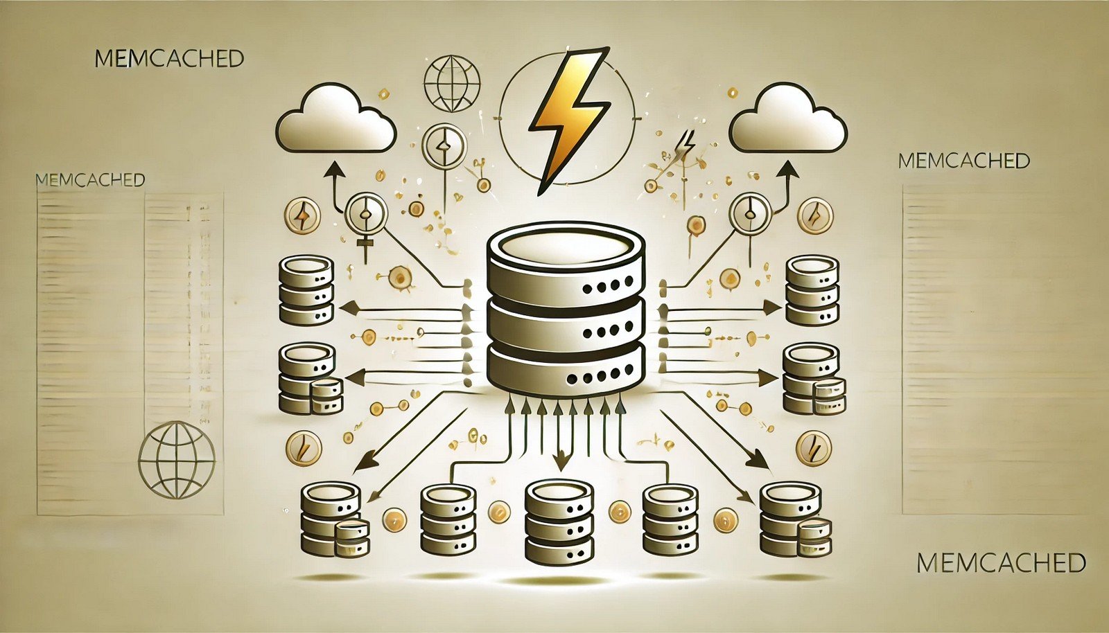 A central server surrounded by database icons connected with arrows, illustrating Memcached's role in reducing database load and improving efficiency. Lightning bolts represent speed in a minimalistic design.