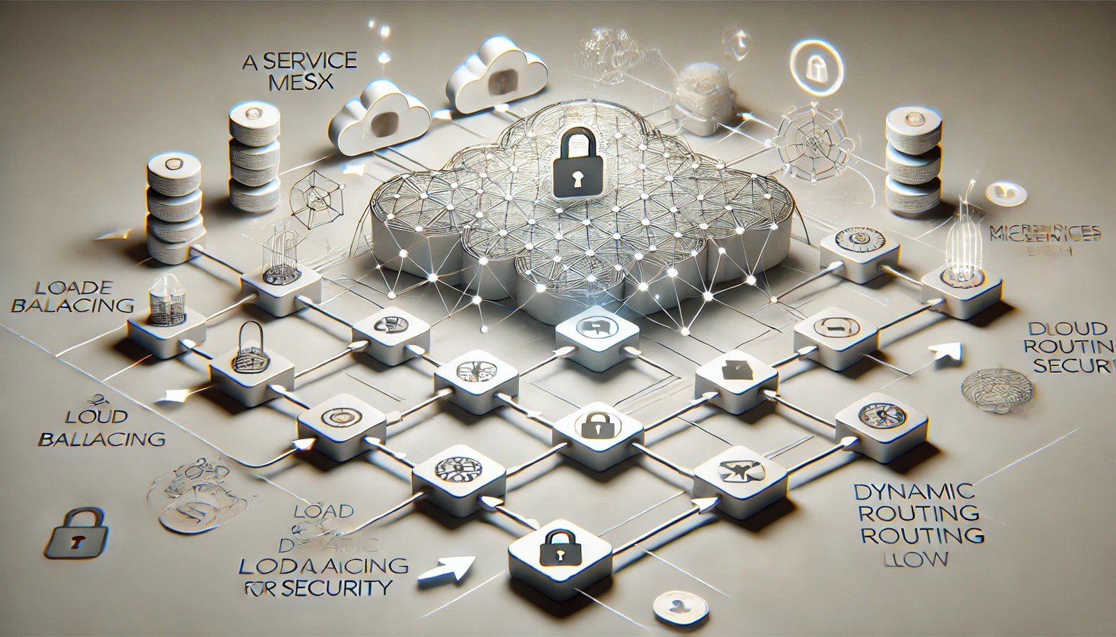 A clean and abstract illustration depicting a service mesh, featuring interconnected microservices as nodes, a mesh network overlay, and visual elements representing load balancing, security, and traffic routing in a minimalist, futuristic style