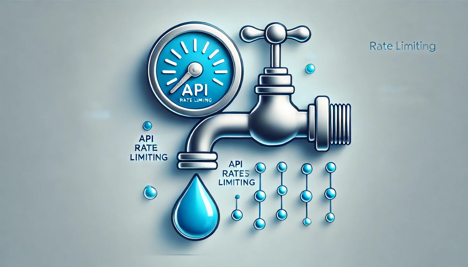 A minimalist illustration of API rate limiting represented as a water faucet with a gauge to control flow. Controlled droplets symbolize API requests, conveying technological precision and resource management.