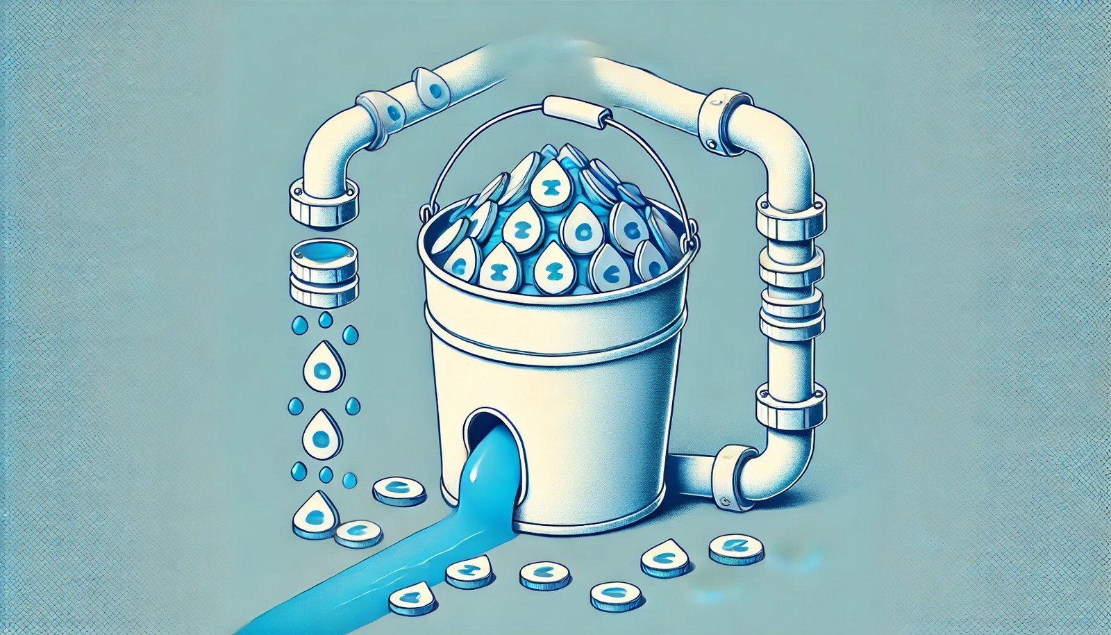 Illustration of the token bucket algorithm using a water bucket filling steadily with drops, representing tokens, connected to pipes controlling data flow with overflowing tokens spilling out.