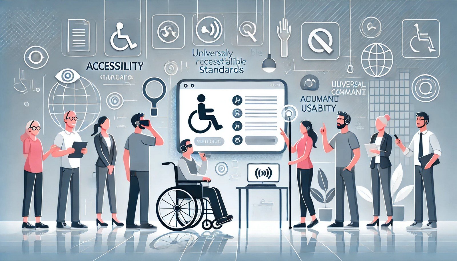 An inclusive digital setting featuring diverse individuals, including a person in a wheelchair, a user with a screen reader, and another using voice-command tools, engaging seamlessly with accessible technology interfaces.