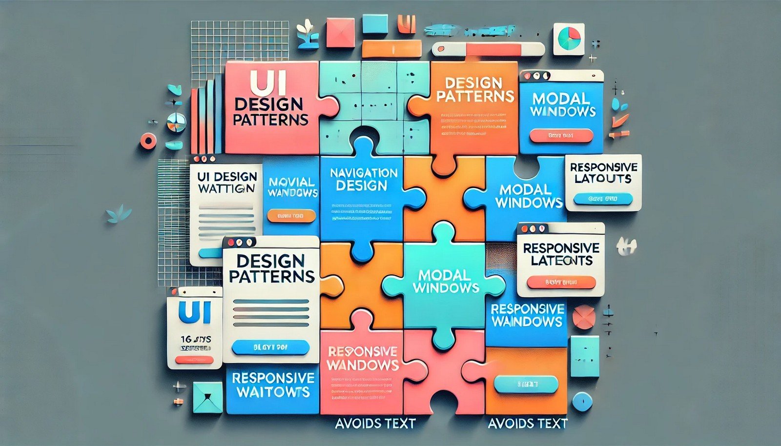 A vibrant illustration of UI Design Patterns with navigation bars, modal windows, and layouts depicted as puzzle pieces fitting together, symbolizing seamless and reusable design solutions in a minimalistic style.
