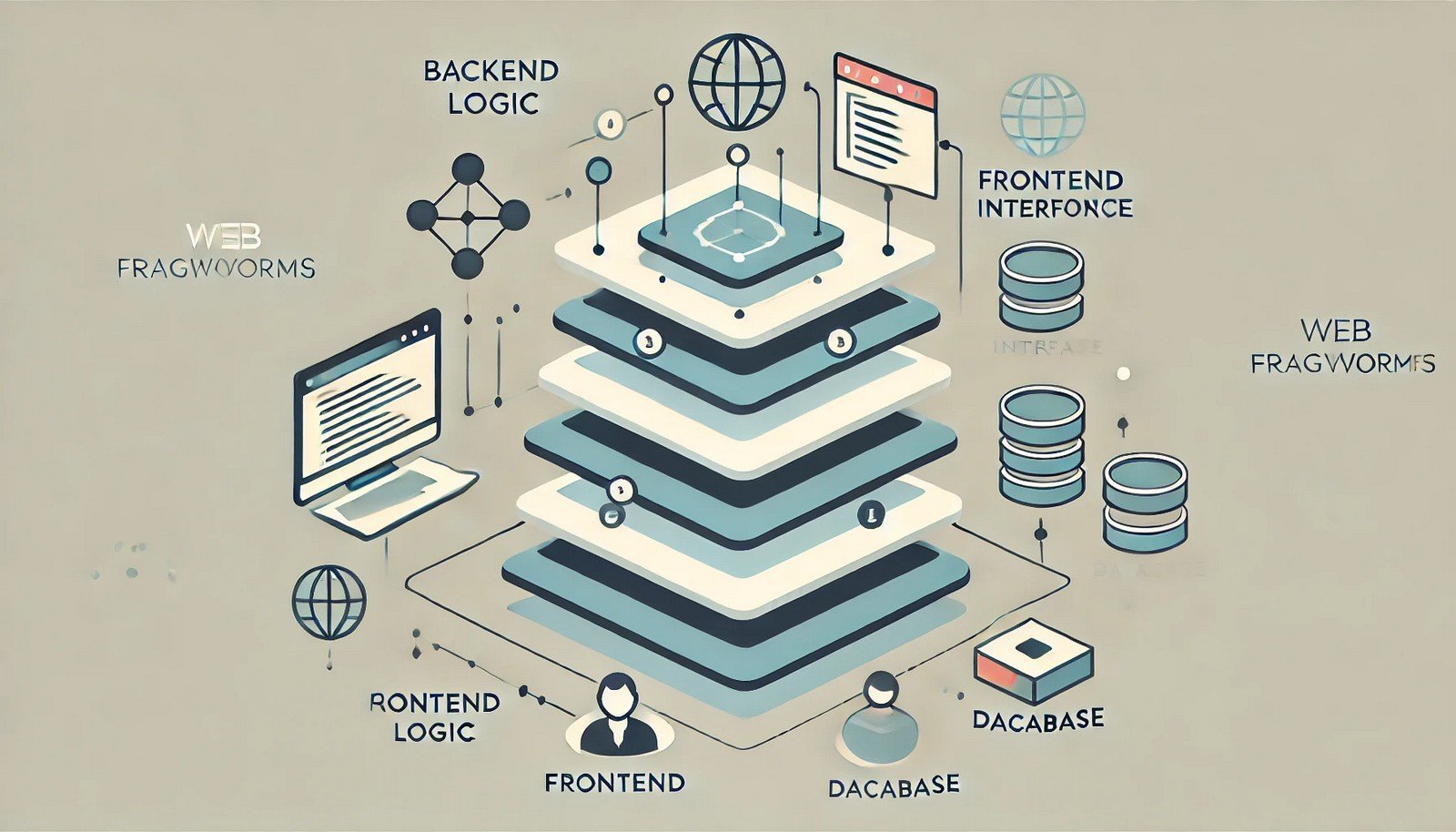 Illustration of a layered web application structure featuring backend logic, frontend interface, and database connected through a central framework layer, with icons representing developers interacting with the framework.