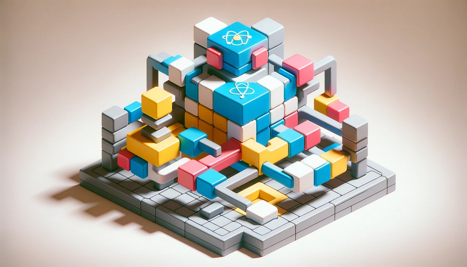 Interconnected colorful blocks resembling LEGO pieces form a dynamic, modular, and scalable web interface, symbolizing ReactJS’s efficiency and reusability, set against a clean, neutral background.