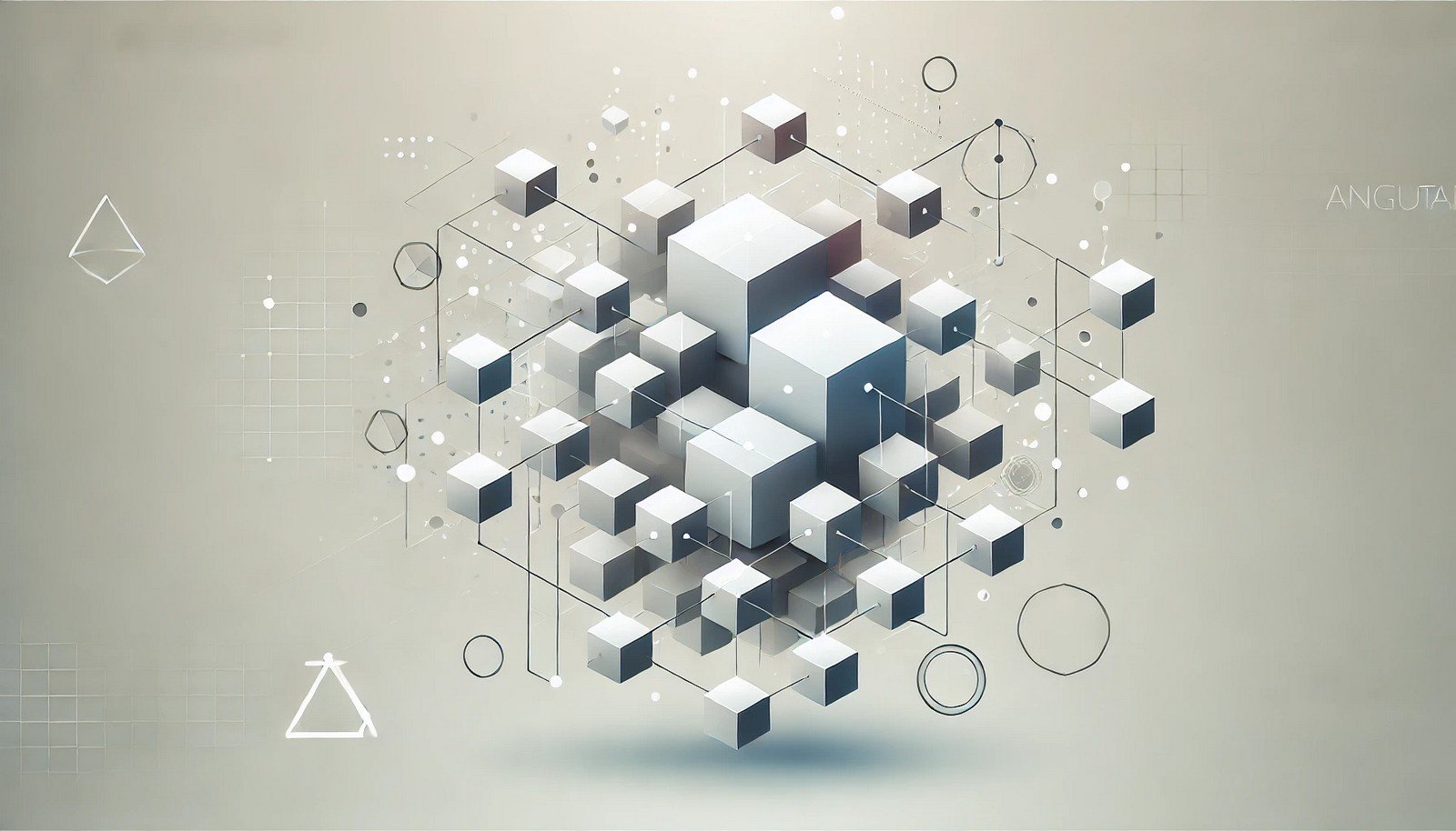 A modern digital illustration with interconnected geometric shapes, such as blocks and nodes linked by lines, symbolizing Angular's modularity and data flow, set on a gradient abstract background.