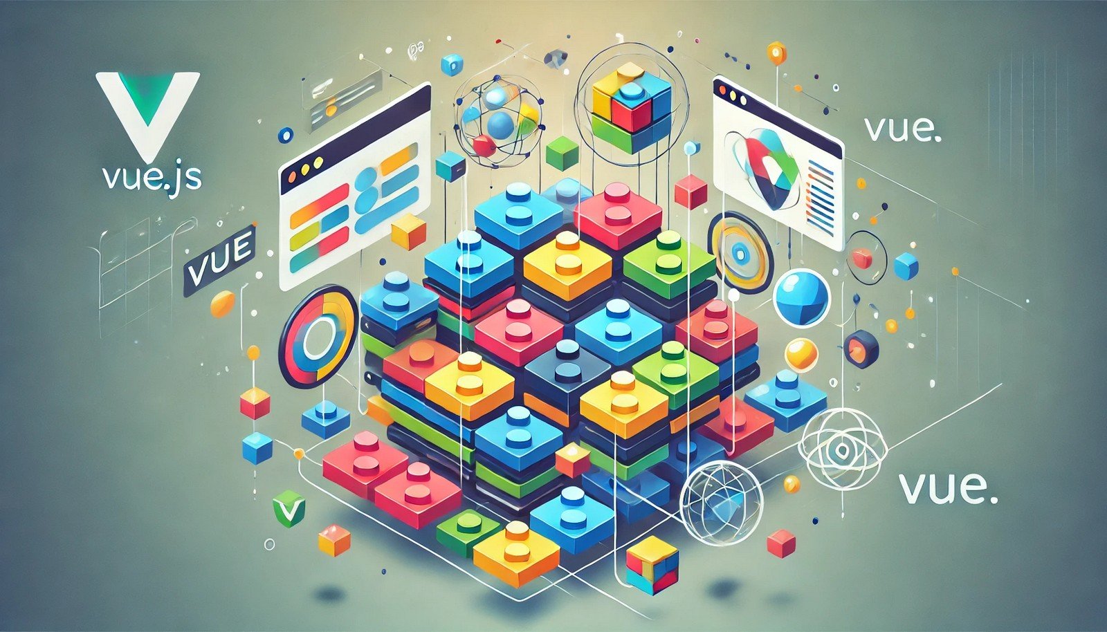 A futuristic digital illustration of Vue.js concepts showing a dynamic interface assembled with colorful Lego-like blocks, emphasizing simplicity, reactivity, and integration in a vibrant, minimalistic style.