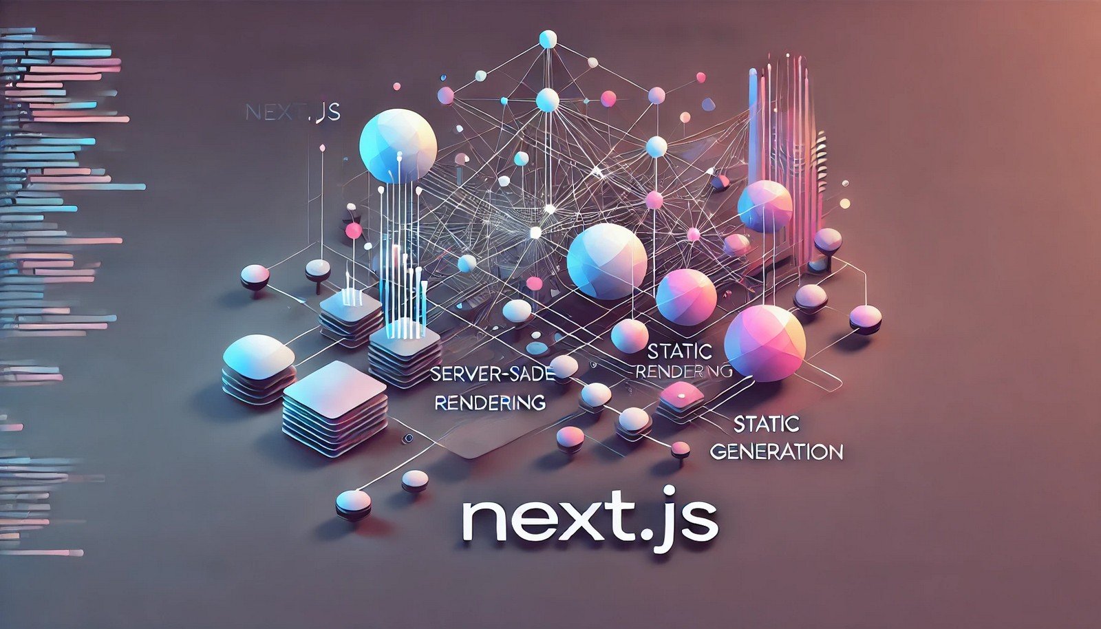 Abstract representation of Next.js showcasing dynamic nodes for server-side rendering and static blocks for pre-rendered pages, symbolizing seamless integration and performance optimization in web development.