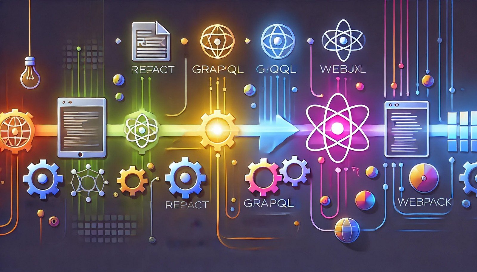 A vibrant illustration of a digital production line showing components like gears and abstract symbols transforming into a glowing webpage, symbolizing efficiency and innovation in web development.