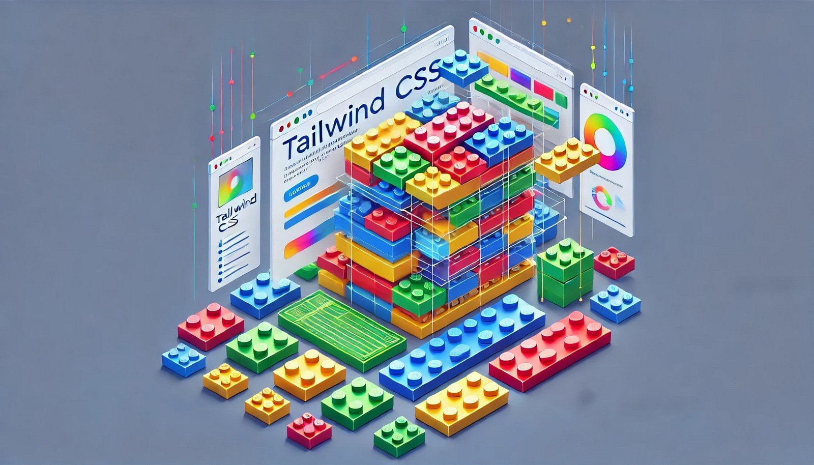 An artistic depiction of Tailwind CSS, showing colorful LEGO bricks being assembled into a sleek, responsive web page. The vibrant design emphasizes modularity, creativity, and innovation in web development.