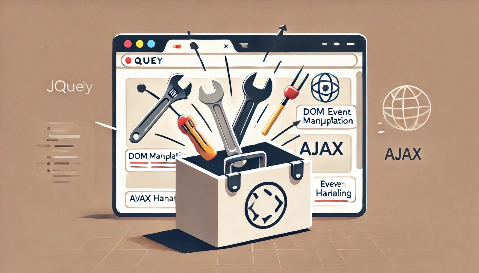 A clean illustration showing a toolbox emitting tools like a wrench and screwdriver interacting with a dynamic webpage. Arrows symbolize AJAX, set against a browser window background.