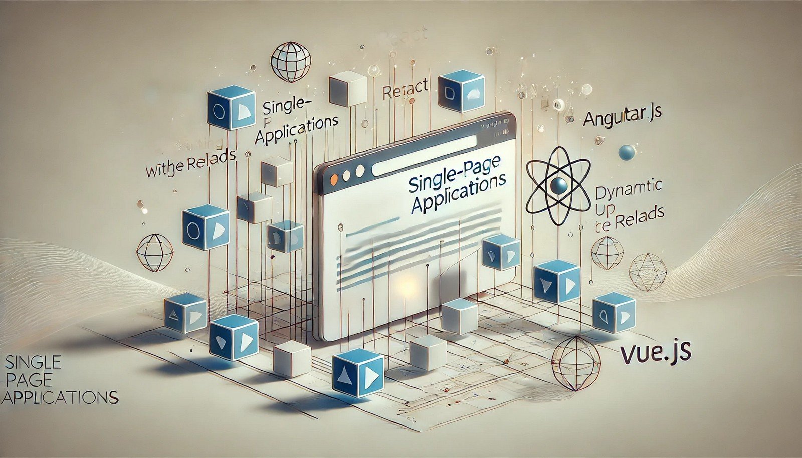 A sleek illustration of a web browser dynamically updating content, represented by flowing interconnected digital blocks symbolizing JavaScript frameworks like React, Angular, and Vue.js, against an abstract gradient background.