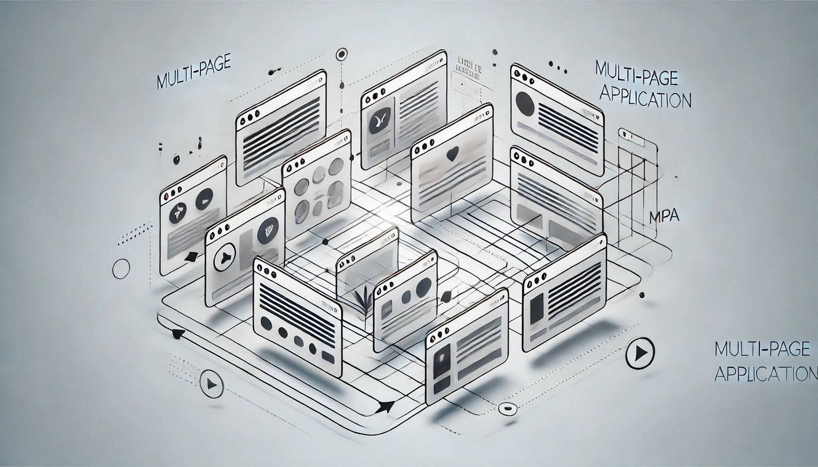 A minimalist digital illustration showing interconnected web pages with arrows highlighting user navigation and dynamic transitions, visually representing a Multi-Page Application (MPA) structure in a modern style.