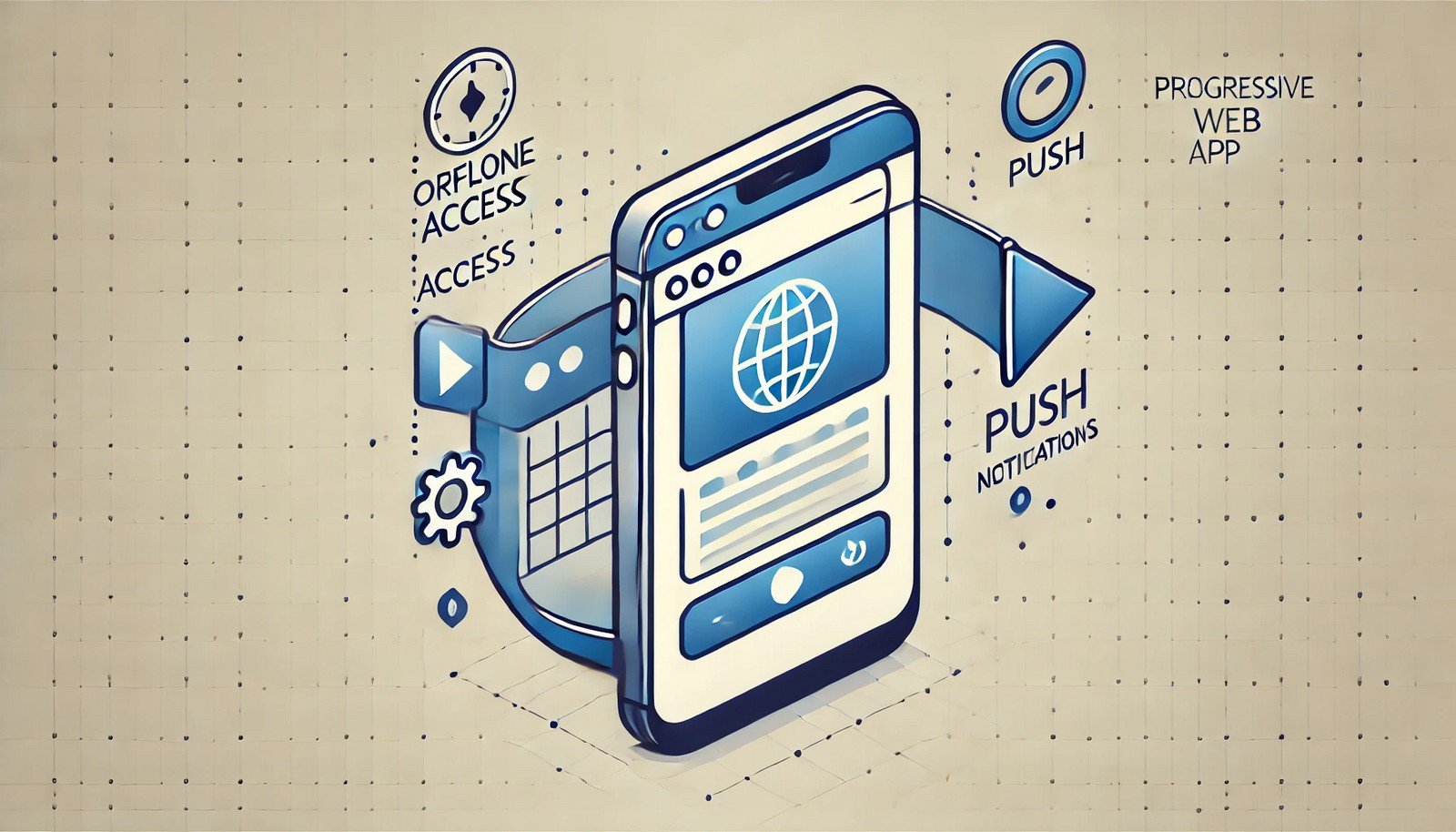 A clean, minimalist illustration showing a smartphone transitioning from a browser interface to an app icon on the home screen, with visual elements symbolizing offline access and push notifications.