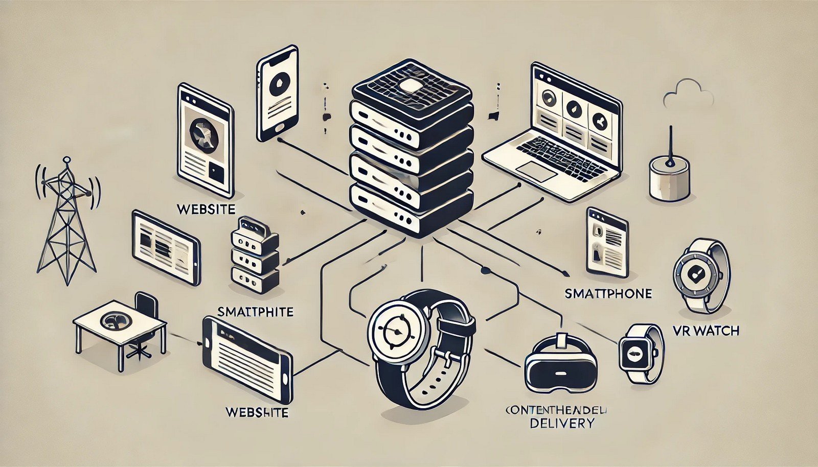 A minimalist illustration of a headless CMS with a central server-like hub connected to devices like a website, smartphone, smartwatch, and VR headset, symbolizing omnichannel content delivery.