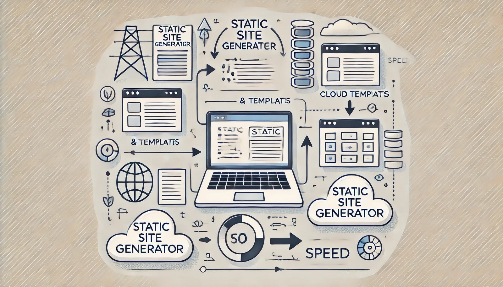 Illustration of a Static Site Generator process with content and templates transformed into a static website. Features a laptop, cloud hosting, arrows indicating workflow, and a clean, minimalistic design.