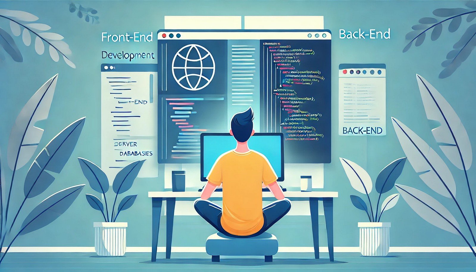 A minimalistic split-screen illustration showing a developer working on both front-end and back-end layers; one side features colorful interface design, and the other shows data and server elements.