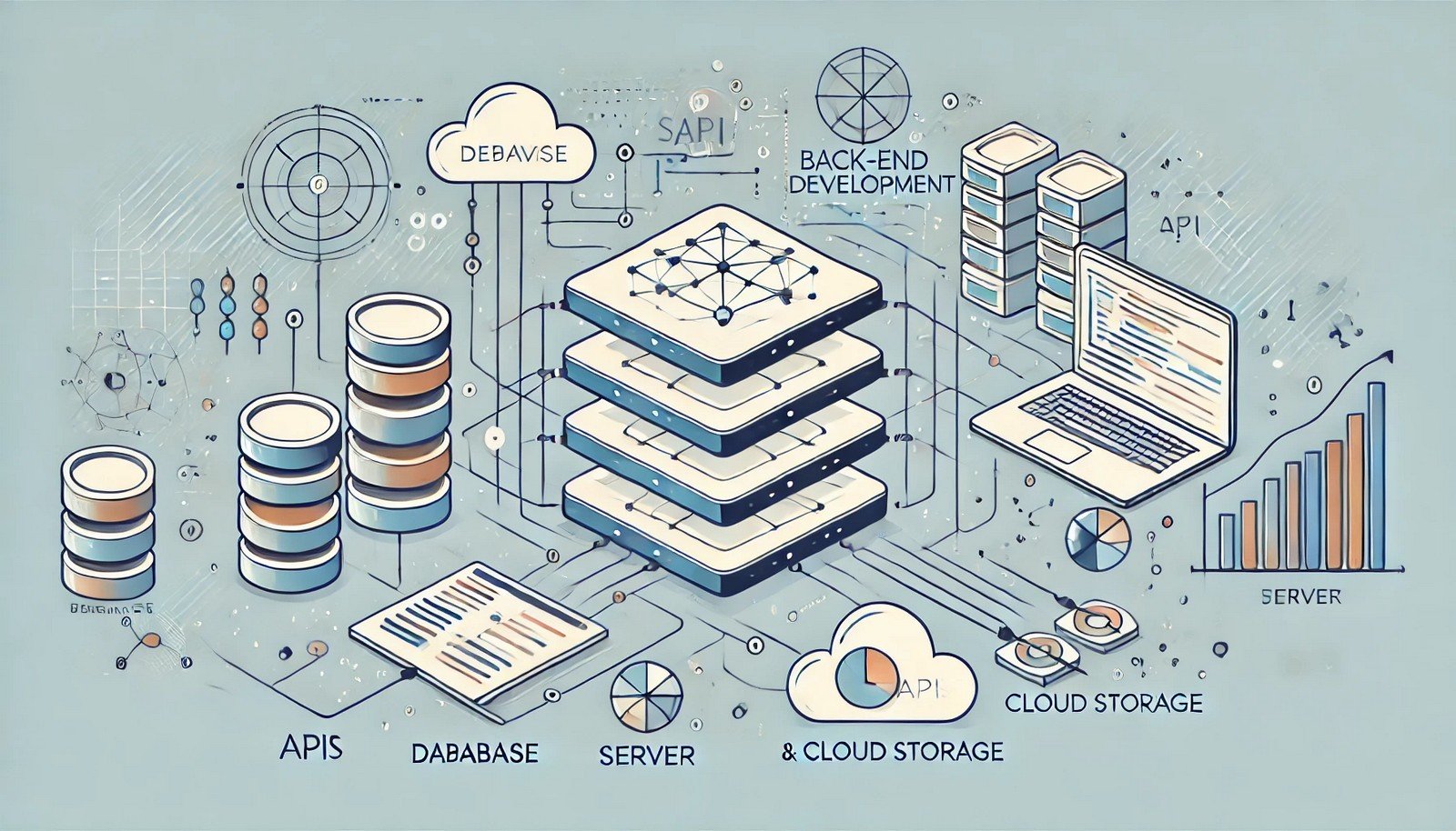 A modern and clean illustration of back-end development showcasing data flow between a server, database, and front-end interface. Features interconnected nodes symbolizing APIs and cloud storage.