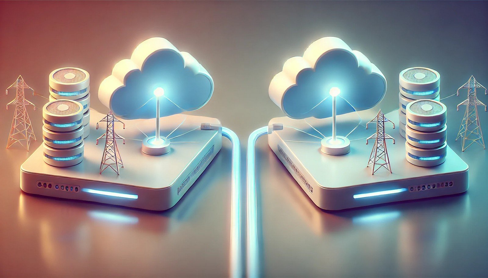 Illustration of middleware as a glowing futuristic connection between two cloud platforms exchanging data, symbolizing integration and communication in a minimalistic and harmonious design.